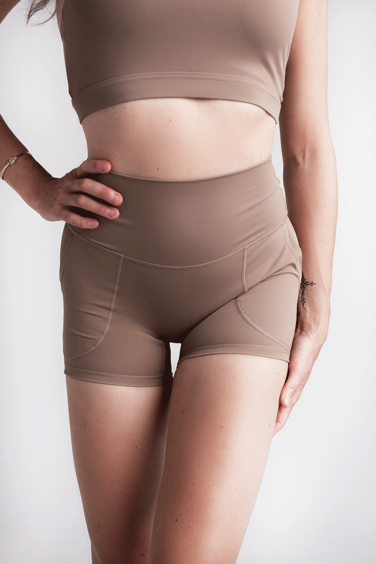 Soft Recycled Contour Shorts With Pockets - Cappuccino on model