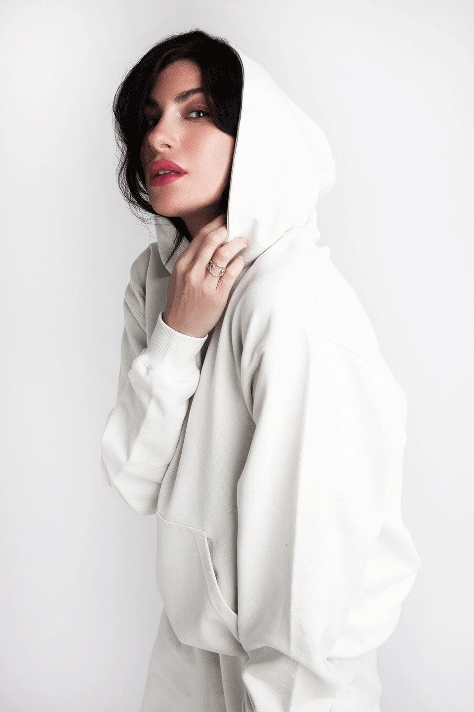Organic hoody - White on model with hood up